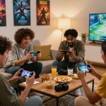Friends enjoying mobile gameplay while tải go88 at a cozy living room.