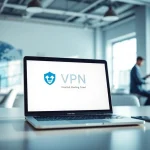 在现代工作空间中展示的快连VPN界面，突出数字安全与全球连接。