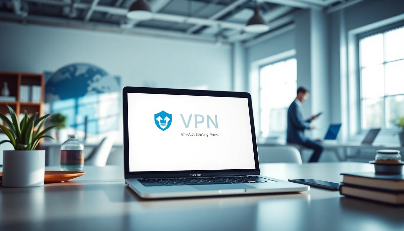 在现代工作空间中展示的快连VPN界面，突出数字安全与全球连接。