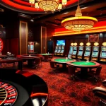 Une scène virtuelle vibrante d'un casino en ligne argent réel France, mettant en avant la roulette, les tables de poker et les machines à sous dans un cadre luxueux.