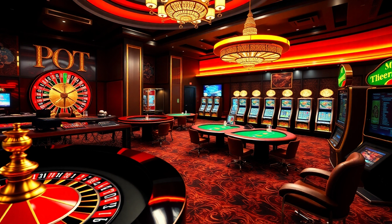Une scène virtuelle vibrante d'un casino en ligne argent réel France, mettant en avant la roulette, les tables de poker et les machines à sous dans un cadre luxueux.