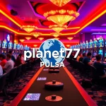 Mainkan Planet77 Pulsa dengan suasana kasino meriah penuh pemain di mesin slot.