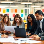 Consultants discussing FCPA/DCAA/Flowdown/ITAR/EAR compliance strategies in a modern office.