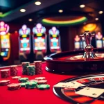 Une scène animée de joueurs autour d'une table de jeu de luxe dans un environnement de casino en ligne français, mettant en avant des jetons de poker et des cartes.
