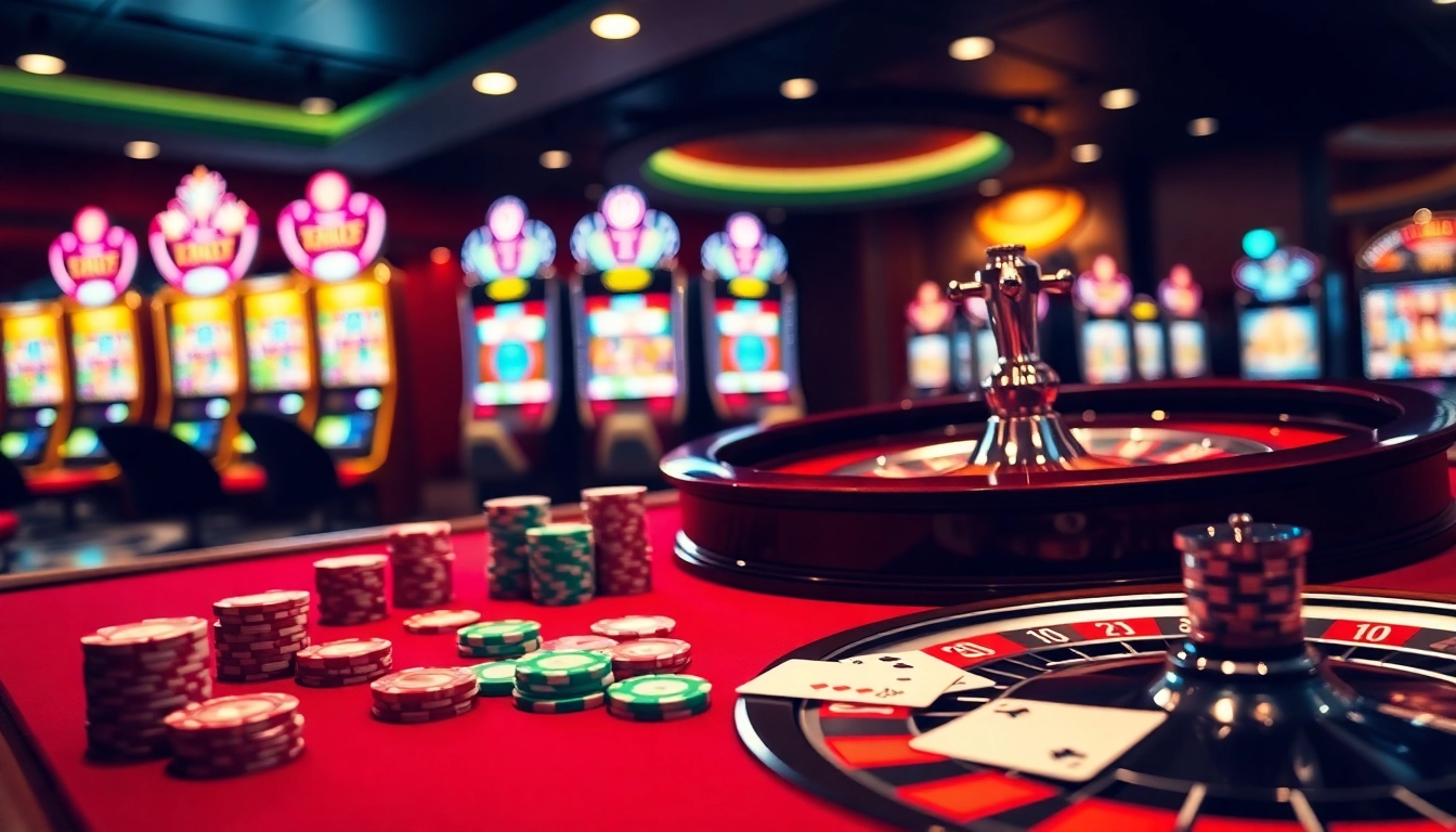 Une scène animée de joueurs autour d'une table de jeu de luxe dans un environnement de casino en ligne français, mettant en avant des jetons de poker et des cartes.