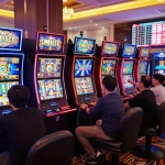 Suasana kasino yang mendebarkan dengan pemain yang menikmati permainan slot gacor hari ini di mesin berwarna-warni.