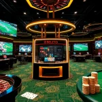 Engaging gamblers with situs bola online at a vibrant betting kiosk surrounded by casino games.