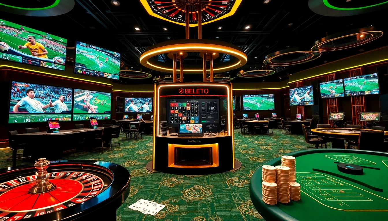 Engaging gamblers with situs bola online at a vibrant betting kiosk surrounded by casino games.