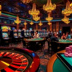 Une scène intérieure luxueuse de casino en ligne français avec des machines à sous vibrantes et une table de roulette animée.