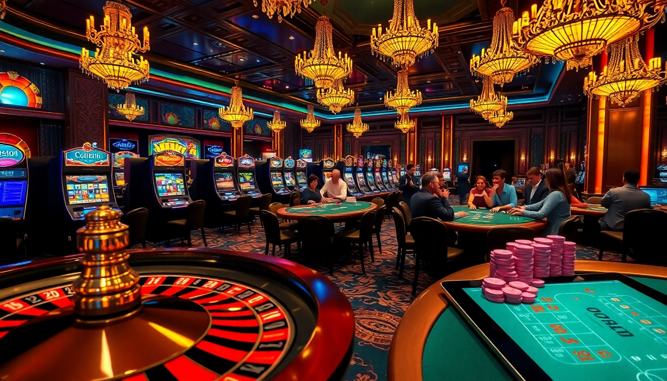 Une scène intérieure luxueuse de casino en ligne français avec des machines à sous vibrantes et une table de roulette animée.