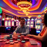 Excited players enjoying situs bangsawan88 slot machines in a luxurious casino setting.