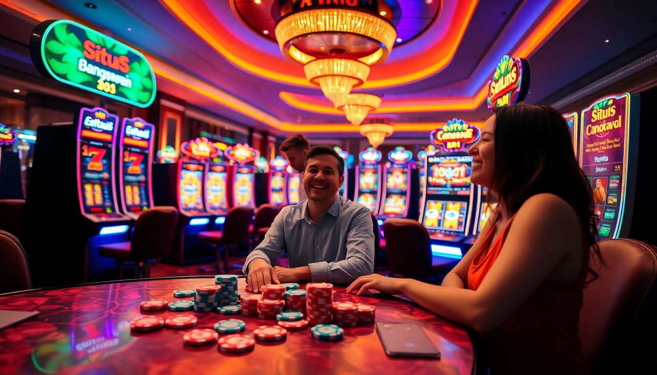 Excited players enjoying situs bangsawan88 slot machines in a luxurious casino setting.