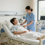 Patient using giường bệnh nhân in a bright hospital room with nurse providing care.