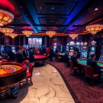 Joueurs captivés dans un luxueux casino fiable en ligne avec des tables de jeu vibrantes et des machines à sous modernes.