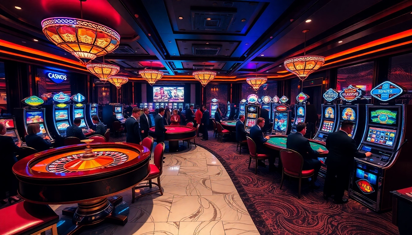 Joueurs captivés dans un luxueux casino fiable en ligne avec des tables de jeu vibrantes et des machines à sous modernes.