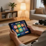 Engaging in สล็อตวอเลท online gaming from a cozy home setup, featuring vibrant graphics and betting options