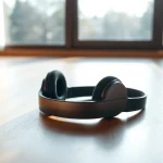 Showcase of Bone X1 Bone Conduction Headphones highlighting unique design on a wooden surface.