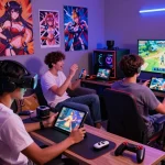 Players enjoying a hentai game in a modern gaming room with vibrant décor and dynamic atmosphere.