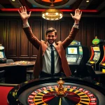 Un joueur profite d'un moment palpitant dans un casino en ligne français avec des machines à sous vibrantes, des jetons et des cartes.