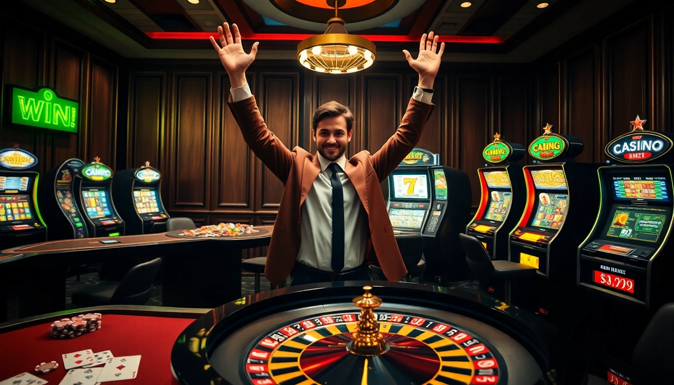 Un joueur profite d'un moment palpitant dans un casino en ligne français avec des machines à sous vibrantes, des jetons et des cartes.