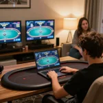 Engaging Poker Online action scene featuring players immersed at home with multiple screens showing gaming strategies