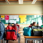 Handtasche für Schulen in einer lebhaften Klassenzimmerszene mit Schülern