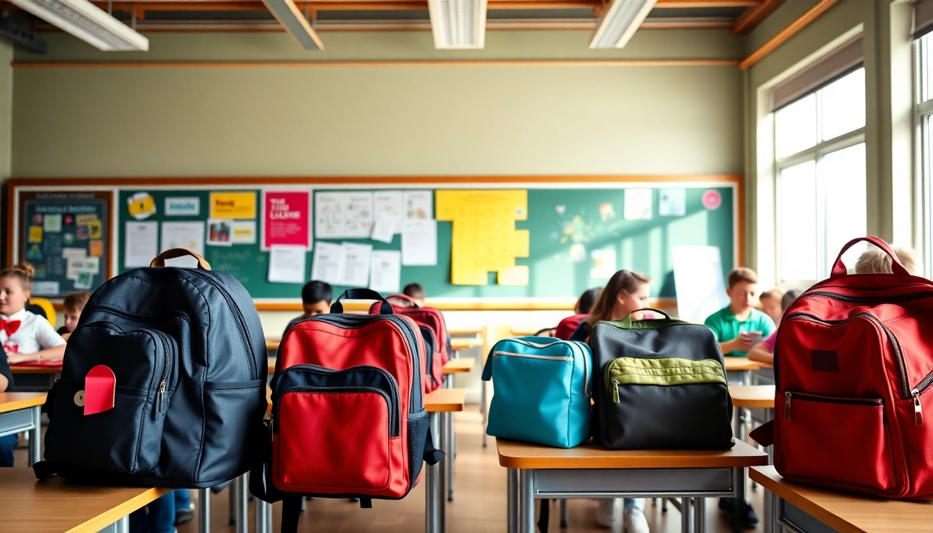 Handtasche für Schulen in einer lebhaften Klassenzimmerszene mit Schülern