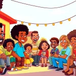 A vibrant illustration featuring popular African American cartoons characters like "The Boondocks" and "The Proud Family", showcasing diversity and creativity.