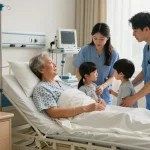 Patient resting on giường bệnh nhân in a cozy hospital room with caring family and medical staff.