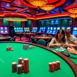 Scène passionnante de casino en ligne Français avec des joueurs aux tables, une roue de roulette en rotation et des machines à sous vibrantes.