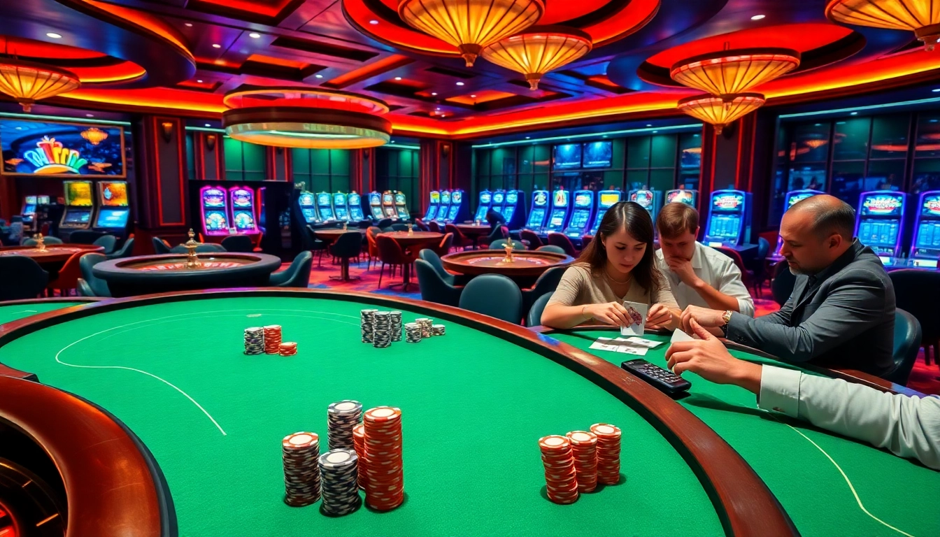 Scène passionnante de casino en ligne Français avec des joueurs aux tables, une roue de roulette en rotation et des machines à sous vibrantes.