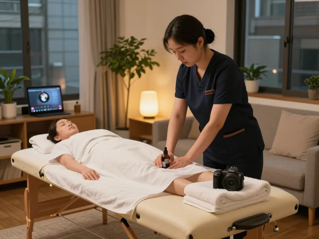 편안한 가정 환경에서 편안한 치료를 위해 준비하는 마사지 치료사와 함께한 서울출장안마 세션 설정