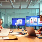 Unternehmensanimation showcasing team collaboration in a modern workspace with creative elements.