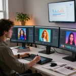 AI image to prompt ai process in a modern studio with vibrant visuals and tech.