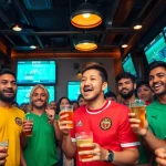 Exciting football betting scene highlighting tỷ lệ kèo in a modern sports bar.