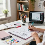 Custom notebooks designs being created at a vibrant home office desk with colorful art supplies