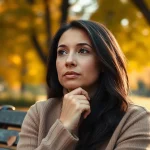A thoughtful individual reflecting on depression symptoms amidst autumn leaves on a park bench.