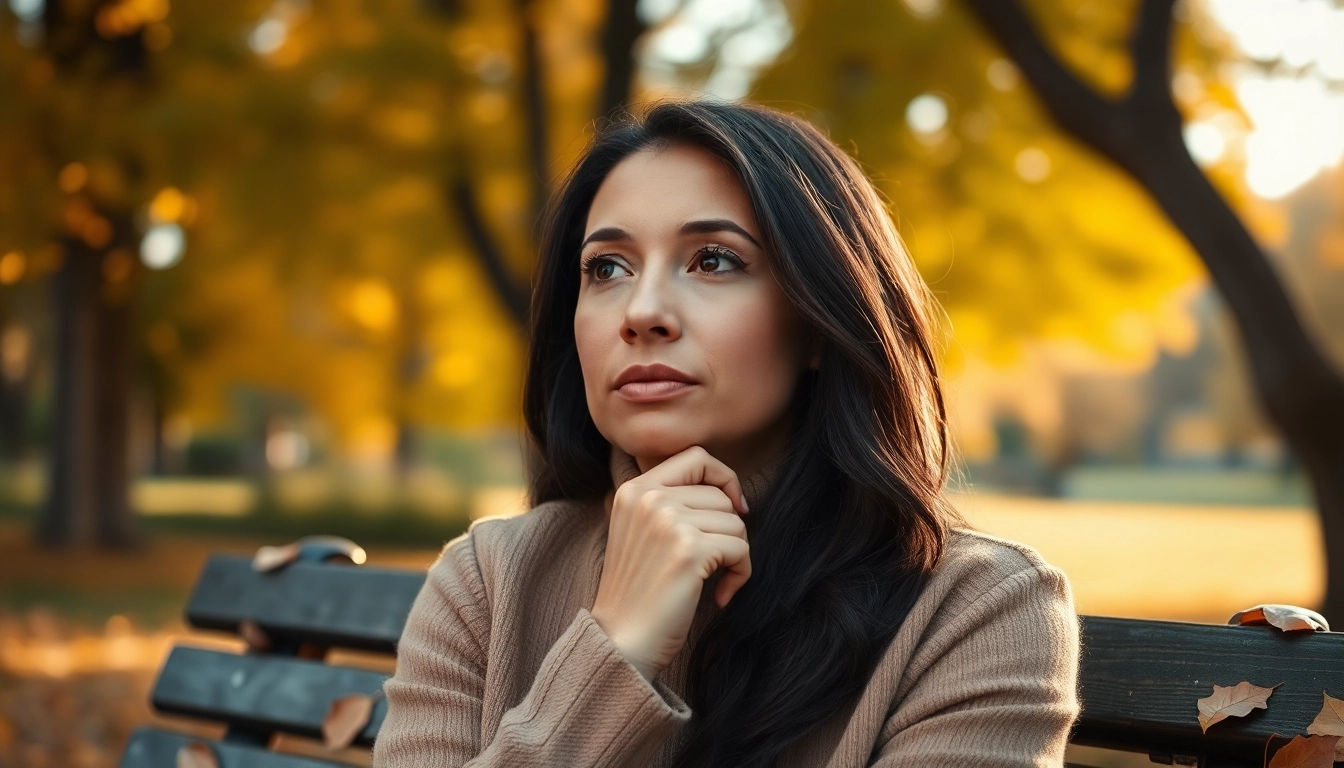 A thoughtful individual reflecting on depression symptoms amidst autumn leaves on a park bench.