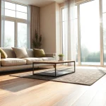 Showcasing luxury vinyl flooring in a modern living room with a cozy design and natural light.