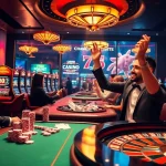 Célébration d'une victoire dans un casino en ligne français avec des jetons de poker vibrants et une roulette.
