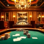 Vivez l'excitation du casino en ligne français avec des jetons de poker et des cartes vibrants dans un cadre luxueux.