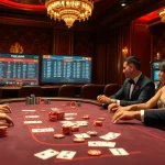 Jouez au poker à enjeux élevés dans un cadre luxueux dans un casino en ligne français de premier plan avec des jetons et des cartes vibrants.