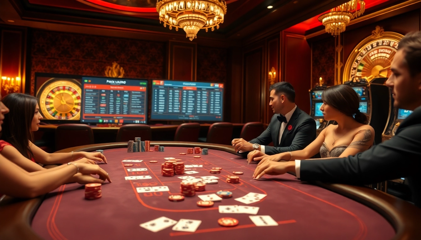 Jouez au poker à enjeux élevés dans un cadre luxueux dans un casino en ligne français de premier plan avec des jetons et des cartes vibrants.