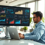 Visualize AI for competitor analysis strategies with an analyst in a modern office.