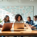 Anbieter Suchmaschinenoptimierung team brainstorming in a digital marketing agency.