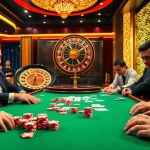 Des jeux passionnants avec des joueurs misant à une table de poker de casino en ligne français entourée d'une action à enjeux élevés.