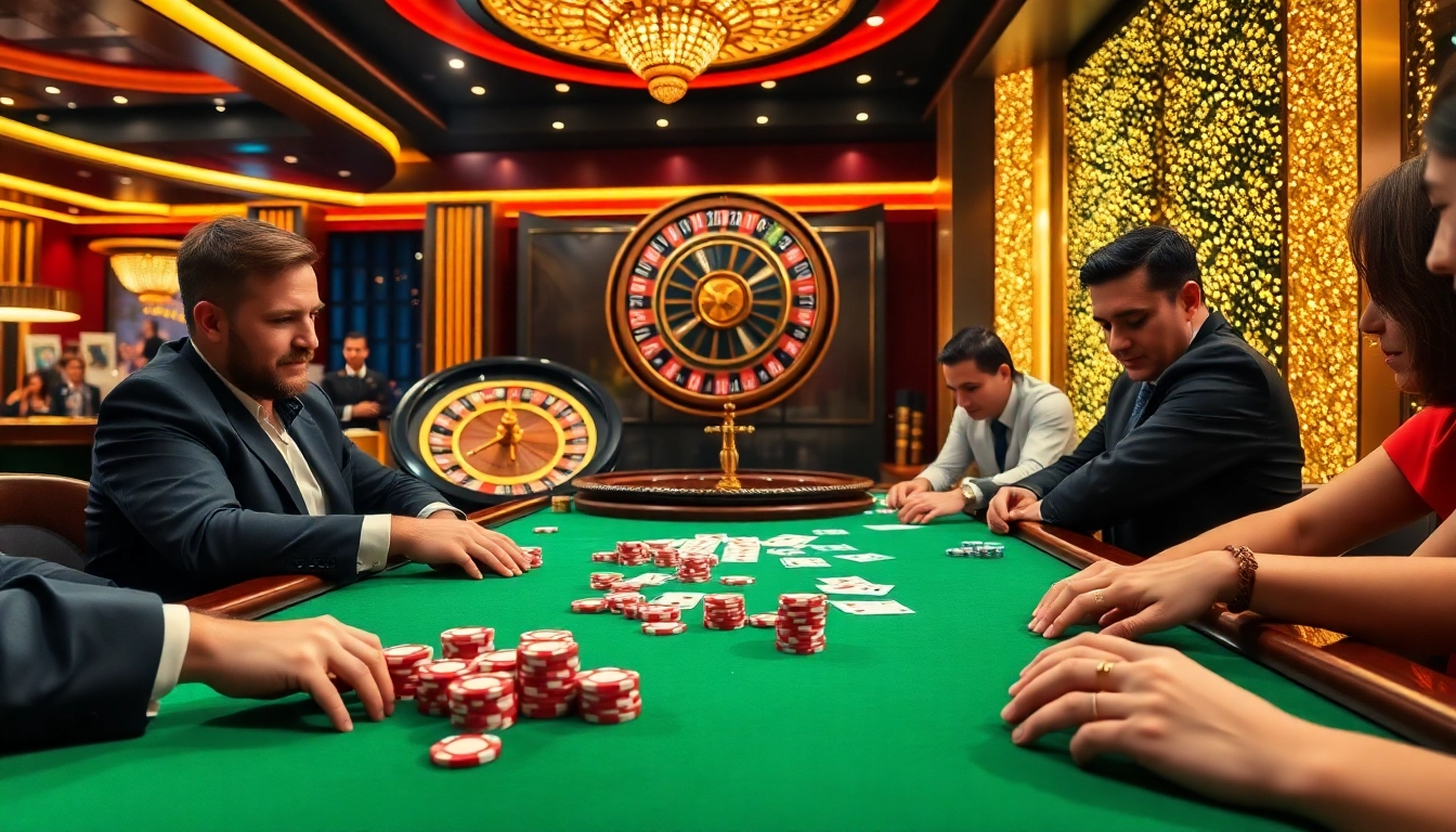 Des jeux passionnants avec des joueurs misant à une table de poker de casino en ligne français entourée d'une action à enjeux élevés.