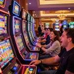 Engaged players experiencing thrilling slot gameplay at a vibrant casino floor.