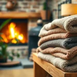 Fleece dekens gestapeld op een houten plank met een warme sfeer.