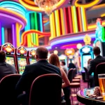 Permainan slot online yang mengasyikkan di kasino modern dengan cahaya cerah dan pemain yang antusias.